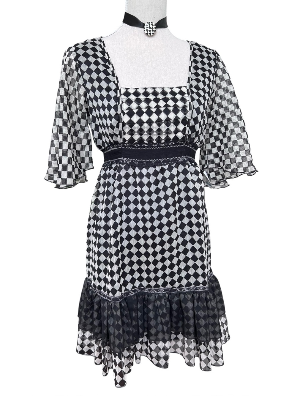 ZOE D Black & White Harlequin Print Babydoll Mini Dress Butterfly Sleeves Small